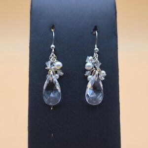 Sterling Silver Faceted Crystal And Faux Pearls Dangle Earrings A5637